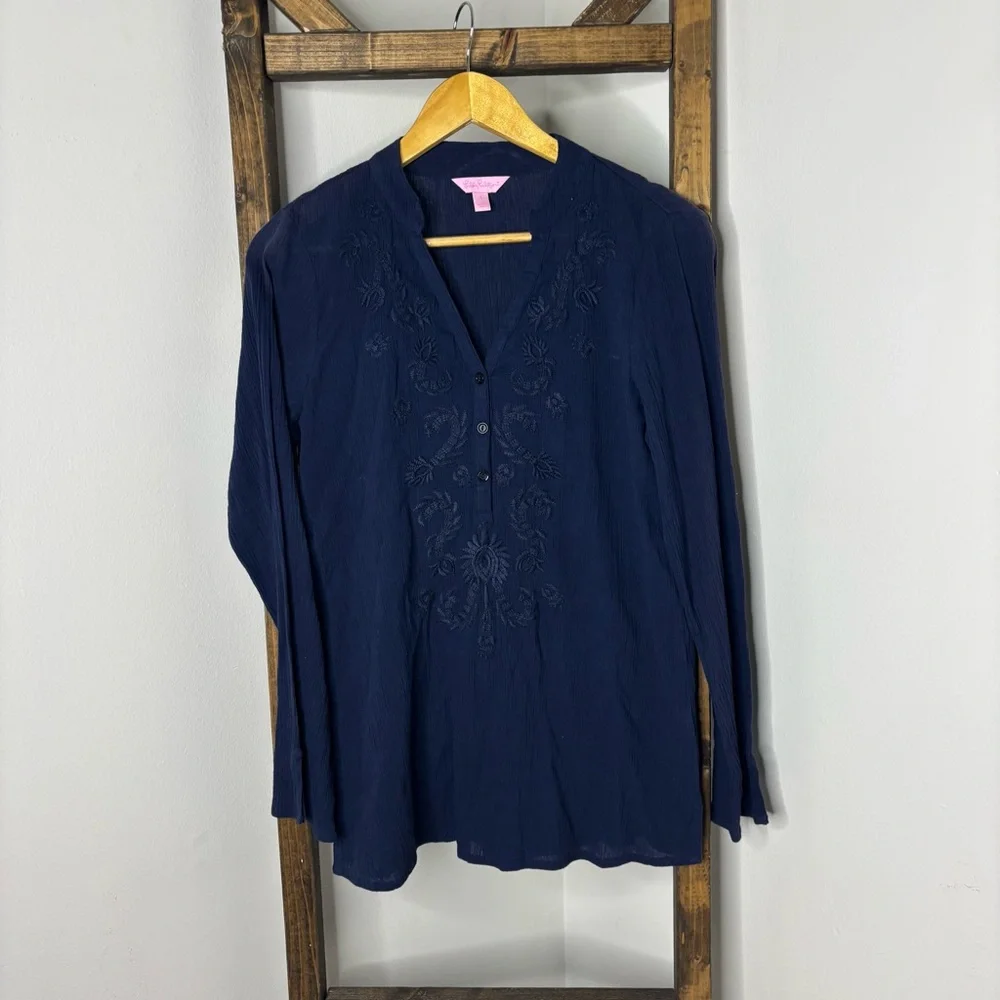 Lilly Pulitzer Navy Blue Embroidered Freya Women's Tunic Top Size S